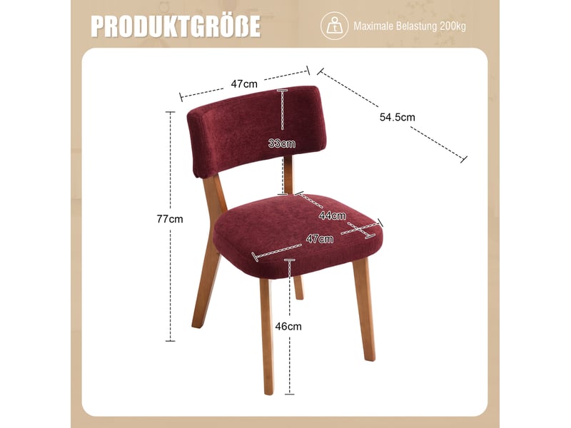  Chaise de salle à manger lot de 2 avec assise rembourrée et dossier ergonomique, pieds en bois, tissu bordeaux  - Conforama C