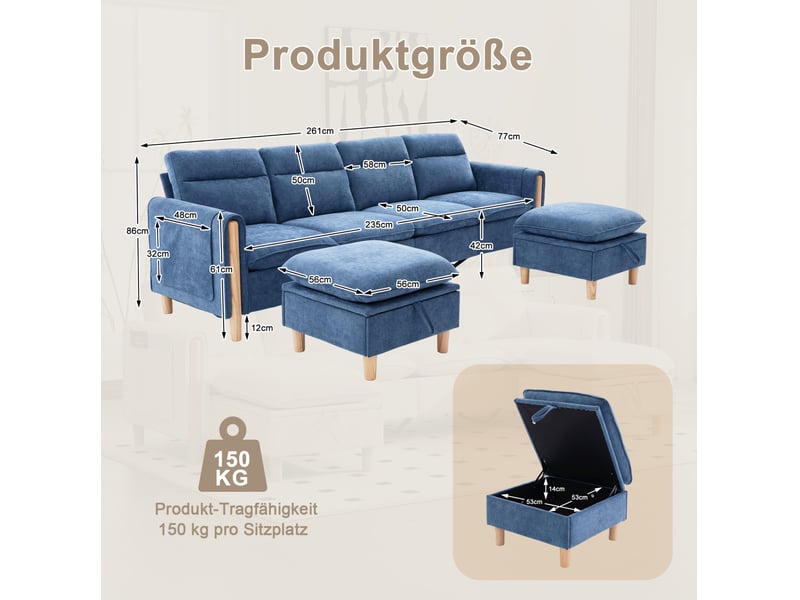 Canapé droit 4 pl 261x77x86 cm poches latérales et pieds en bois, avec 2 poufs de rangement, tissu chenille bleu, pour le salon - Conforama C