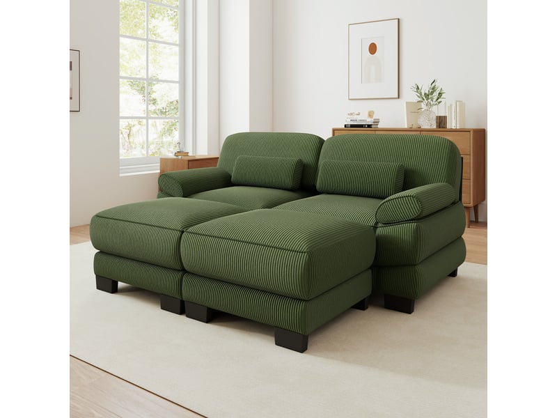 Canapé modulable 2 places en velours côtelé vert, avec 2 poufs, assise profonde, coussin lombaire, 194×161×94 cm - Conforama W