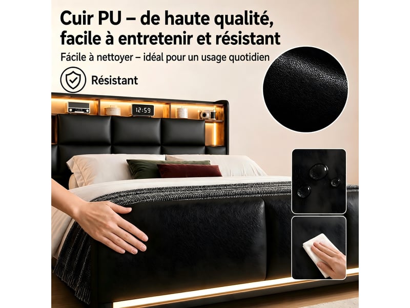  Kefsr lit coffre 160x200 cm, lit double adulte capitonné en similicuir avec led rgb, tête de lit rangement et ports de charge, noir  - Conforama E