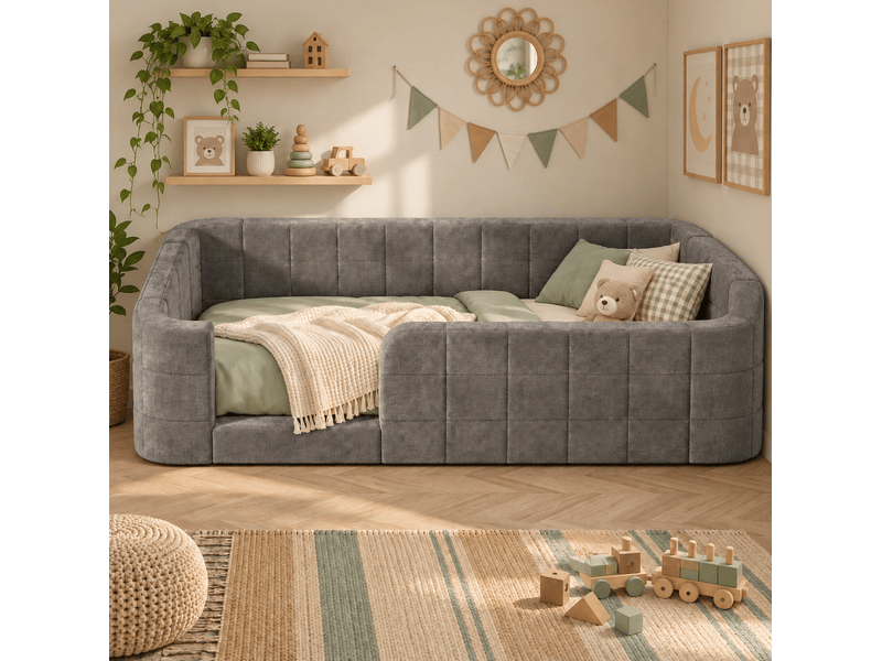  Lit enfant 90 × 200 cm avec barrières rembourrées et entrée, sommier à lattes, revêtement en chenille gris pour chambre  - Conforama E