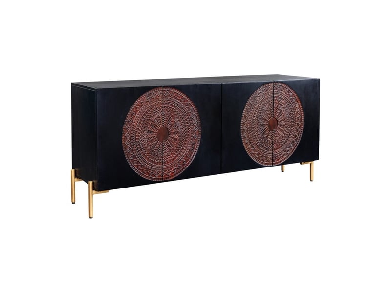 Buffet mahara 160 cm en bois de manguier massif – 4 portes sculptées noir, marron et doré - Conforama A