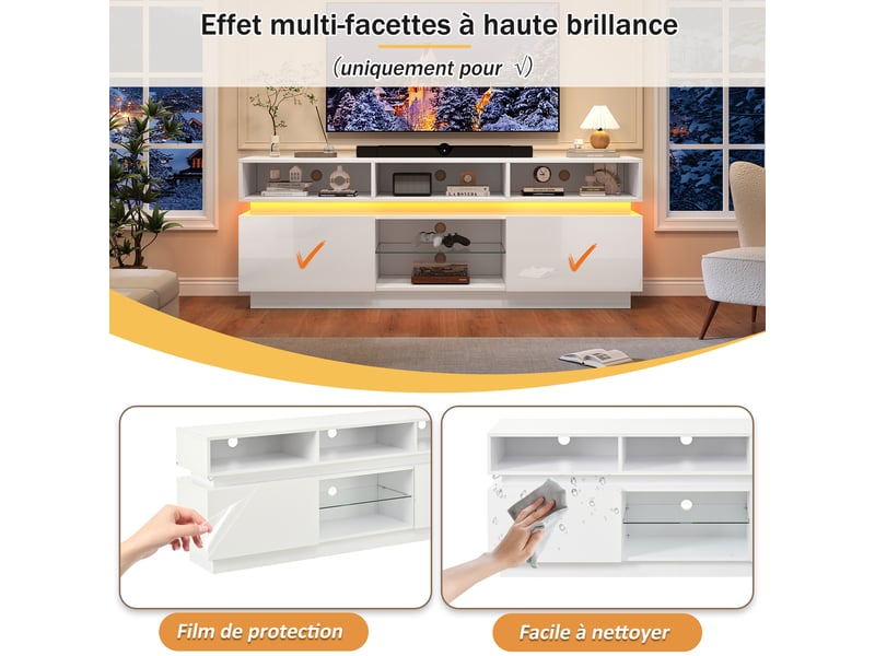  Meuble tv 10 compartiments led pour salon 160×35×60 cm en mdf et verre trempé blanc  - Conforama C