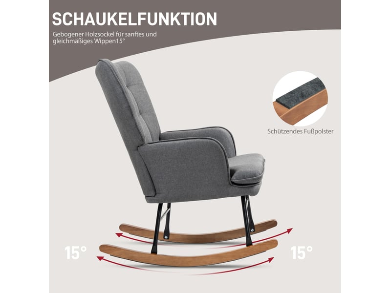  Fauteuil à bascule avec repose-pieds, dossier haut incliné, accoudoirs et rembourrage en polyester gris foncé  - Conforama E