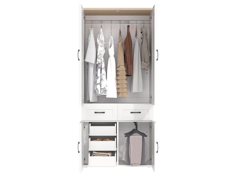 Armoire 4 portes 90 x 50 x 200 cm avec 5 tiroirs et 2 tringles, blanche mdf  - Conforama A