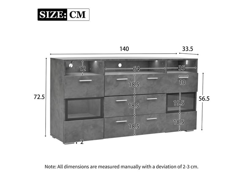  Meuble rangement buffet 140 cm led acrylique gris 2 portes 3 tiroirs salon moderne homvra  - Conforama E