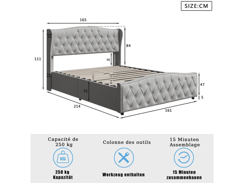  Lit coffre 160x200 cm ezssw coloris gris  - Conforama E