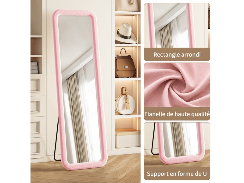 Miroir sur pied 160x50 cm rose,miroir décoratif ,grand miroir mural avec cadre en flanelle,verre trempé,chambre et salon - Conforama E
