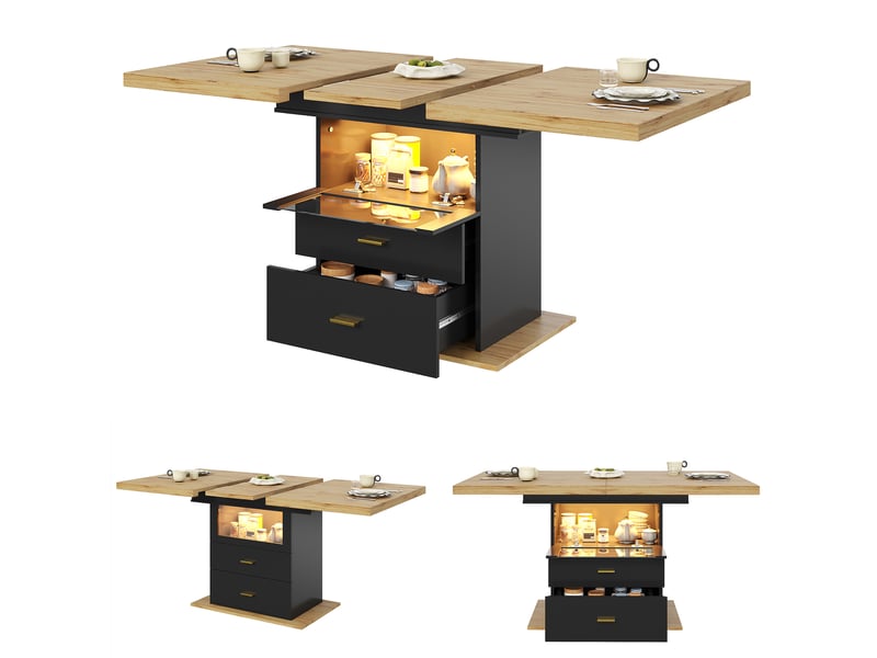 Table de cuisine rectangulaire avec allonge noir - 80x110-140max.cm led mdf table noir - Conforama A