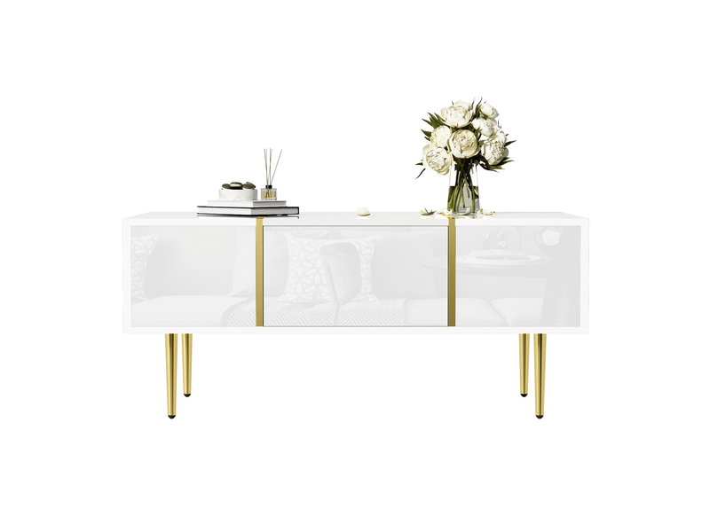 Table basse rectangulaire brillant en mdf avec 2 tiroirs et pieds dorés,blanc table basse blanc - Conforama A