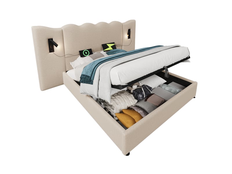 Lit coffre rembourré 180x200 cm avec lampe de lecture, usb-c, sommier bois métal, tête de lit en lin beige et rangement Morn Vibe - Conforama A