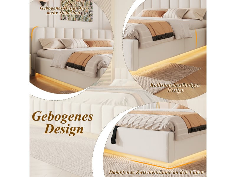  Lit coffre rembourrée 180x200 cm lit double avec rangement hydraulique, led, sommier à lattes, chenille beige evarich - Conforama D