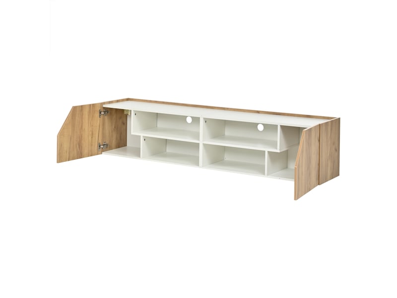  Meuble tv mural 180 cm blanc et naturel, led bluetooth, 2 portes, 6 rangements et passe-câbles Fay Lum - Conforama C