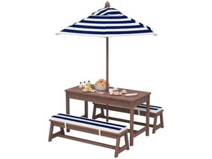 Ensemble salon de jardin extérieur enfant avec coussins et parasol amovible, rayé bleu marine et blanc