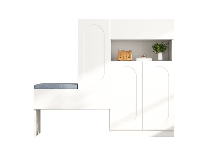  Meuble à chaussures avec banquette, 2 étagères réglables et portes à fermeture douce, blanc, 130×35×110 cm  - Conforama A