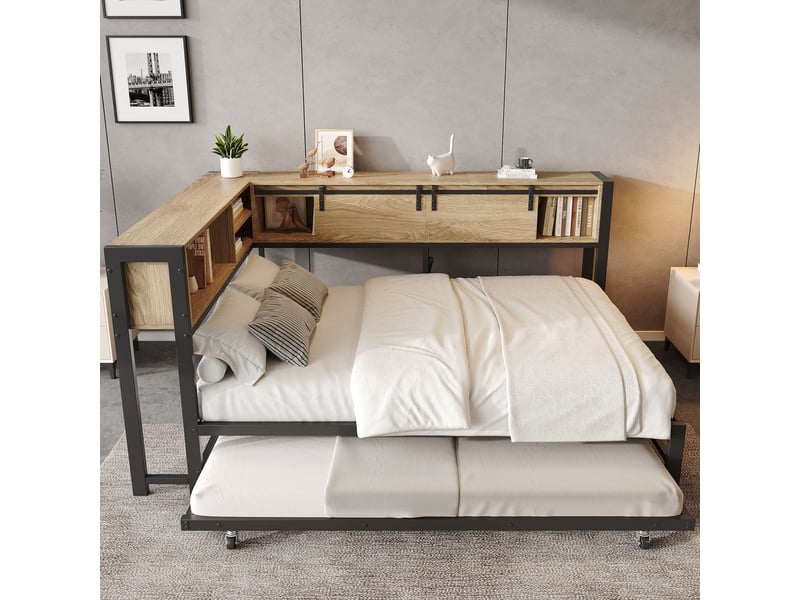 Lit gigogne 120x200 cm + 90x190 cm, rangements tête de lit, port usb, métal noir, sans matelas - Conforama W
