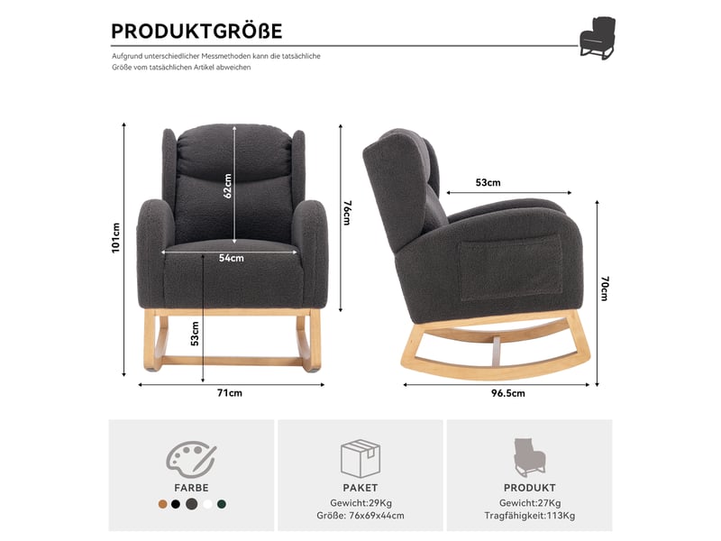 Fauteuil à bascule moderne avec revêtement en tissu effet peluche, dossier à oreilles, assise rembourrée, gris foncé - Conforama E