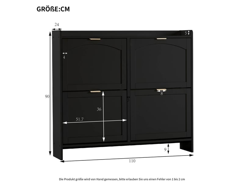  Meuble à chaussures noir 110x24x90 cm, rangement entrée avec 4 portes pliantes et surface ouverte pour clés et parapluies  - Conforama C