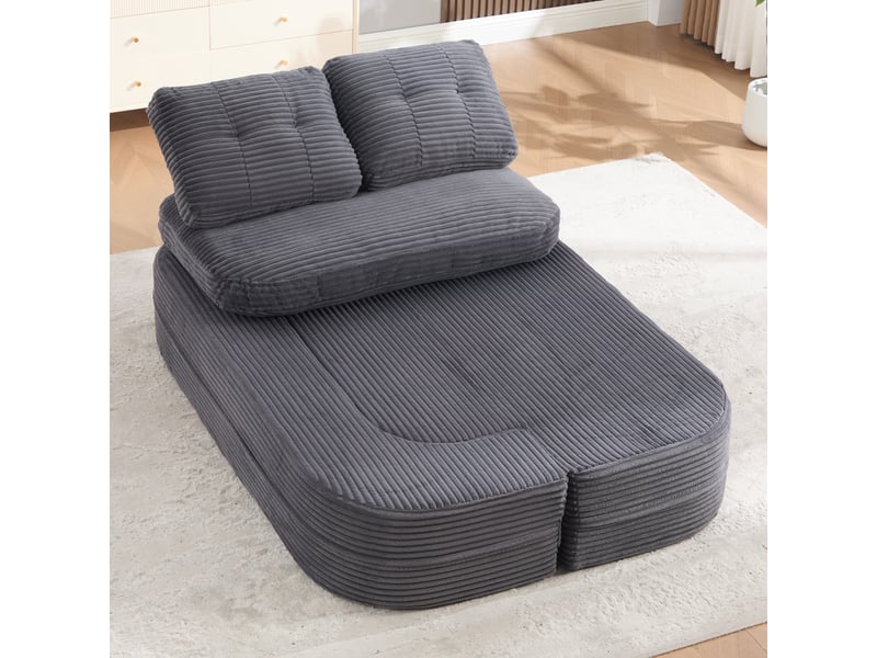 Canapé convertible 2 places – canapé-lit en velours côtelé, assise profonde, dossier haut, porte-gobelets intégrés, coussins inclus, structure souple, gris foncé - Conforama C