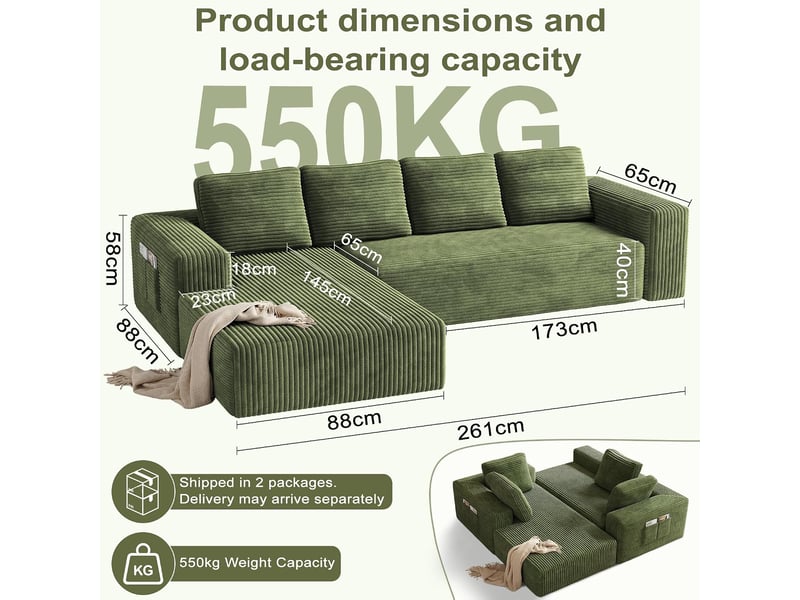  Canapé convertible - 4 places - sans montage - canapé-lit - avec fonction couchage - velours côtelé vert - l 261 x h 58 x p 88 cm  - Conforama C