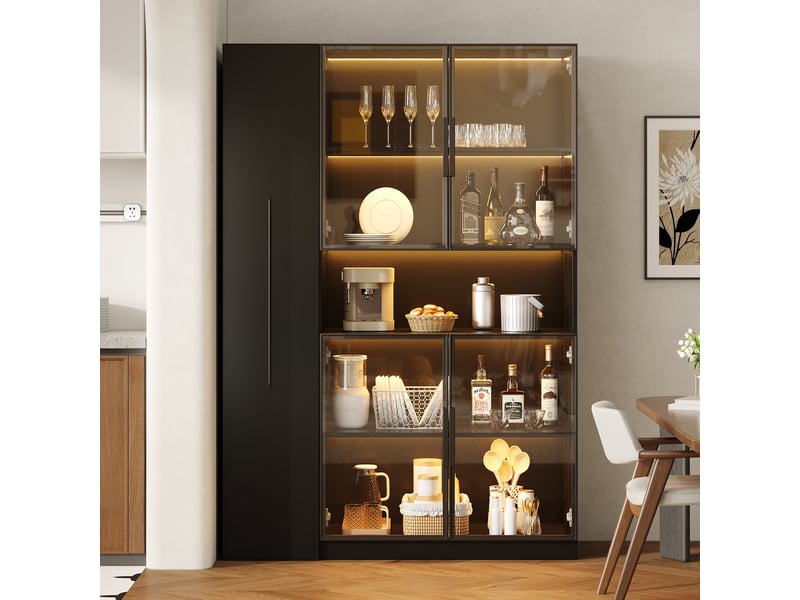  Vitrine led en verre 110x35x160 cm vitrine armoire à 5 portes buffet haut avec éclairage led porte coulissantes rangement - noir  - Conforama D