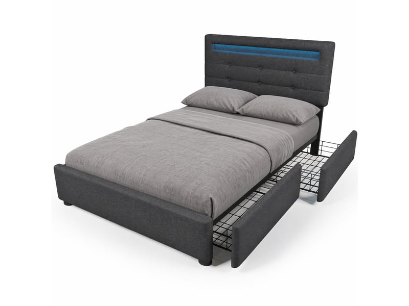  Modenvie lit simple 90x200 cm - led avec télécommande, 2 tiroirs, matelas inclus - gris  - Conforama A