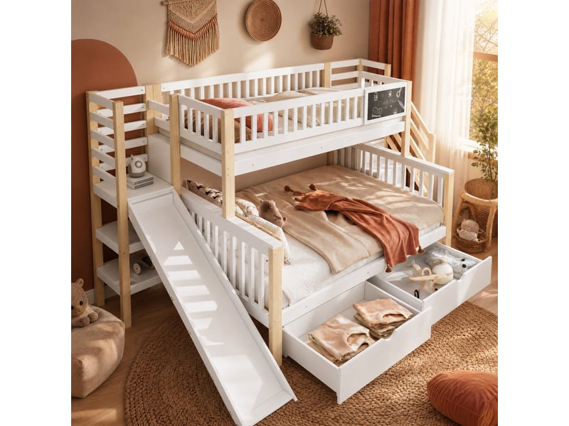  Lit superposé enfant blanc et bois naturel avec toboggan, escalier et rangements 90 x 200 cm et 140 x 200 cm  - Conforama B