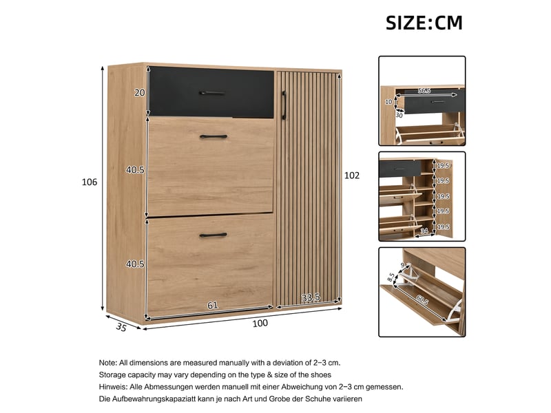 Meuble à chaussures naturel et noir 100 × 35 × 106 cm, en mdf et panneaux de particules, avec capacité 8 paires - Conforama B