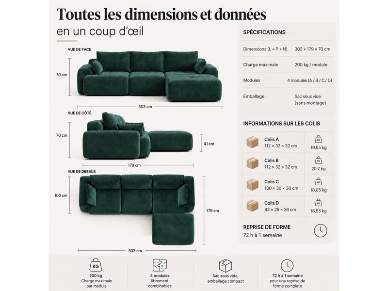 Canapé modulaire à compression, en tissu velours - Conforama W