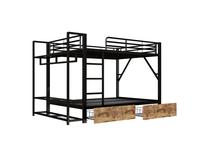  Lit superpose 140x200 cm avec bande lumineuse led et 2 tiroirs, lit enfant avec tringle à vêtements, lit double en noir  - Conforama B
