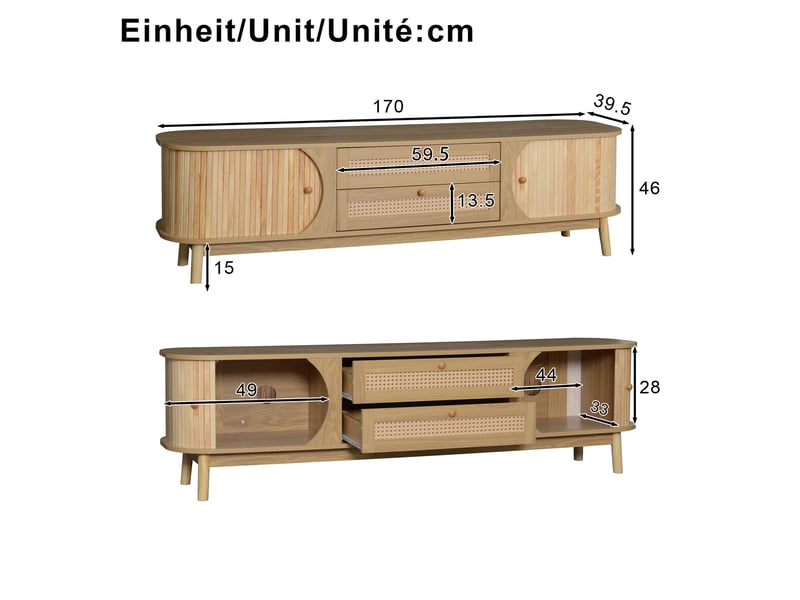  Meuble tv 170 x 39,5 x 46 cm avec portes coulissantes et tiroirs en rotin  - Conforama C