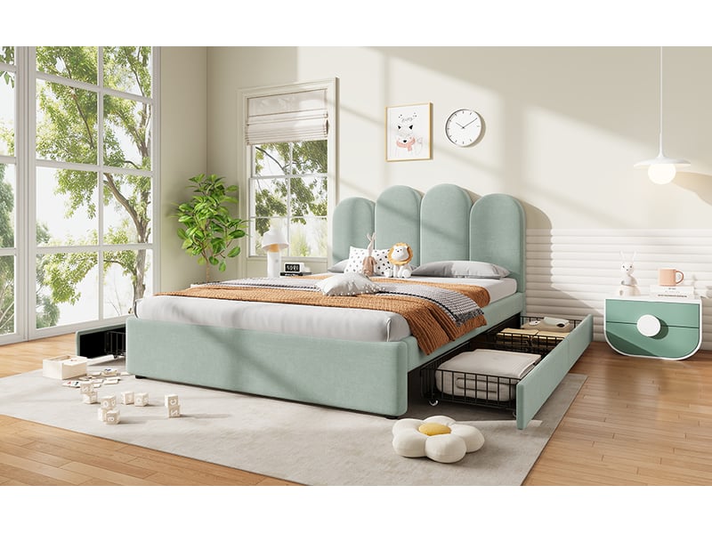 Lit enfant 140 × 200 cm, 4 tiroirs, tête de lit arrondie, sommier à lattes, velours vert clair, capacité 200 kg - Conforama B