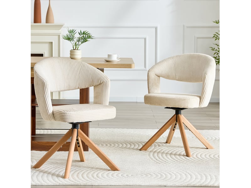  Lot de 2 chaises de salle à manger pivotantes rétro en velours côtelé blanc crème et bois  - Conforama D