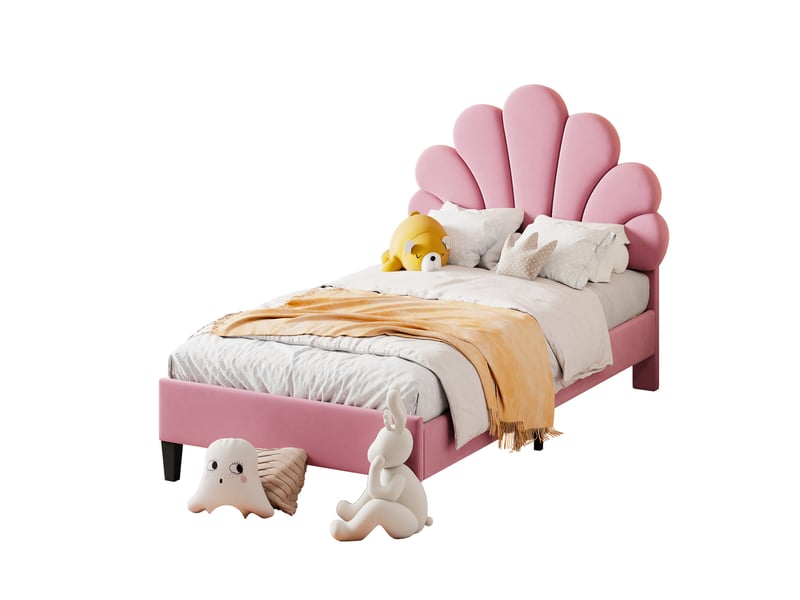  Modenvie lit enfant capitonné 90x200 cm - tête de lit fleur, sommier inclus, sans matelas - rose  - Conforama A