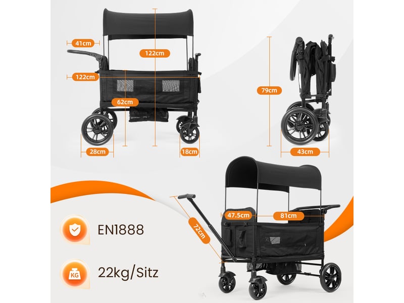  Chariot enfant pliable noir 2 places avec toit pare-soleil, plateau, poignée réglable, harnais 5 points et compact  - Conforama C