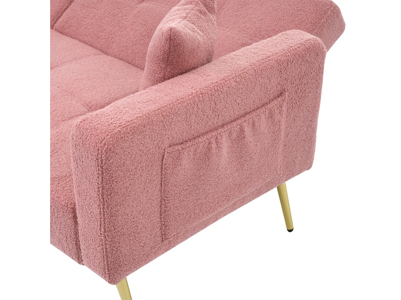 Canapé convertible rose en tissu bouclette, canapé inclinable sherpa 2 places avec pieds dorés et poches latérales, 175x64x72cm. - Conforama E