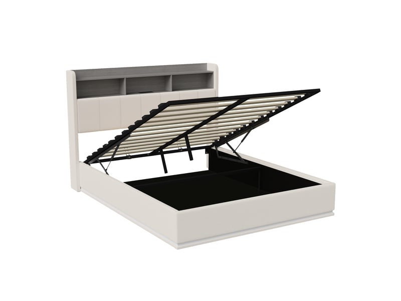  Lit coffre 2 places 140x200 cm, lit adulte avec rangement, 3 compartiments en tête de lit, led, velours beige  - Conforama E
