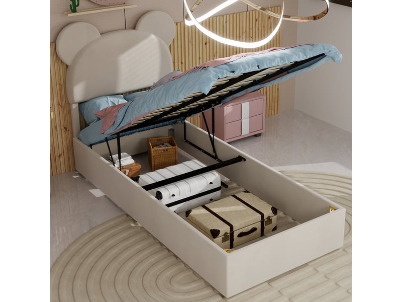  Lit enfant 90x200 cm coffre avec tête cartoon, métal, beige, sans matelas  - Conforama D