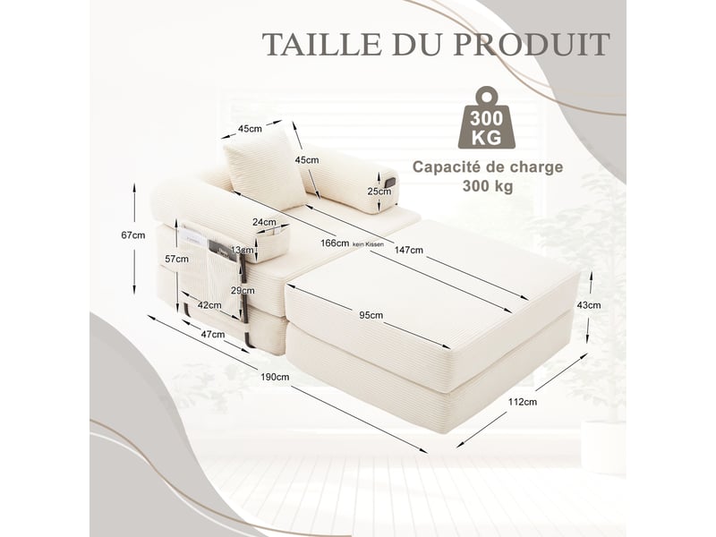  Fauteuil modulable modenvie en velours côtelé beige avec repose-pieds et coussin 112 x 190 x 67 cm  - Conforama C