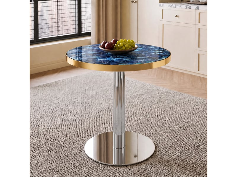 Table d’appoint ronde avec plateau effet marbre et pied central stable - lpospi - bord doré, mdf et métal bleu 60 × 73,7 cm - Conforama C