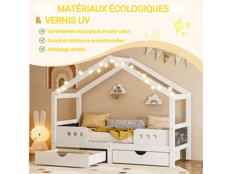  Lit enfant cabane - certification en747 - design toit - 2 tiroirs - bois+mdf - revêtement uv - capacité 120 kg 207x95x151cm - Conforama D