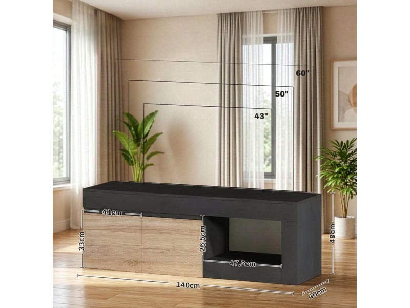Meuble tv avec 2 portes, étagère ouverte et fermeture amortie pour salon, noir et bois naturel, 140 × 40 × 48 cm - Conforama D