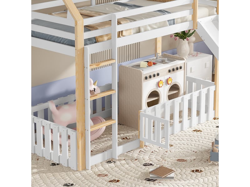  Lit superposé enfant avec toboggan - forme de toit - 90x200 cm - blanc+naturel - espace libre avec clôture  - Conforama R