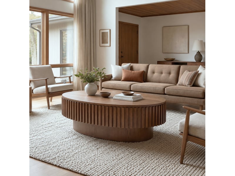  Table basse ovale 98x60x35 cm avec rangement caché coloris noyer  - Conforama D