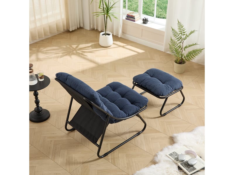  Fauteuil lounge noir avec repose-pieds et coussin bleu marine épais confortable  - Conforama D
