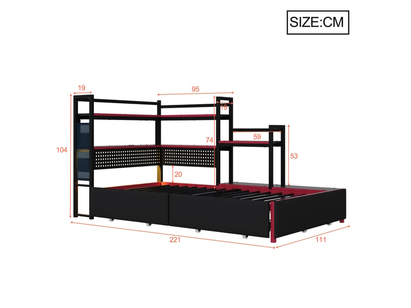  Lit plateforme en métal style gaming avec 3 tiroirs, éclairage led, ports usb, panneau perforé et rangements latéraux noir  - Conforama C