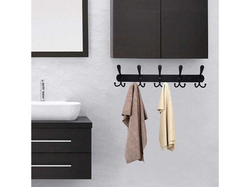 Porte-manteau mural long 43 x 4 cm – acier inoxydable noir – 5 crochets pour manteaux, chapeaux, sacs – charge maximale 30 lb YSK0001784LY - Conforama E