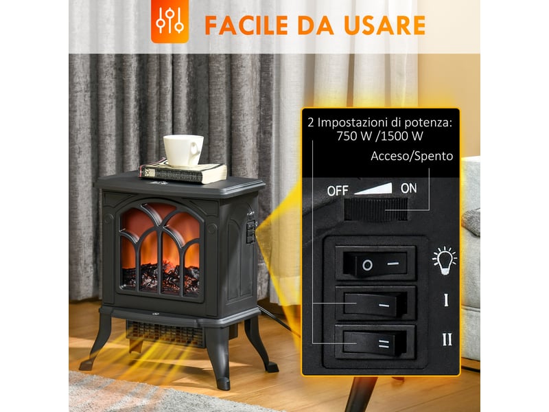  Cheminée électrique à 2 niveaux de puissance (7501500 w), effet flamme, surface de chauffe : 15-20 m², noire  - Conforama E