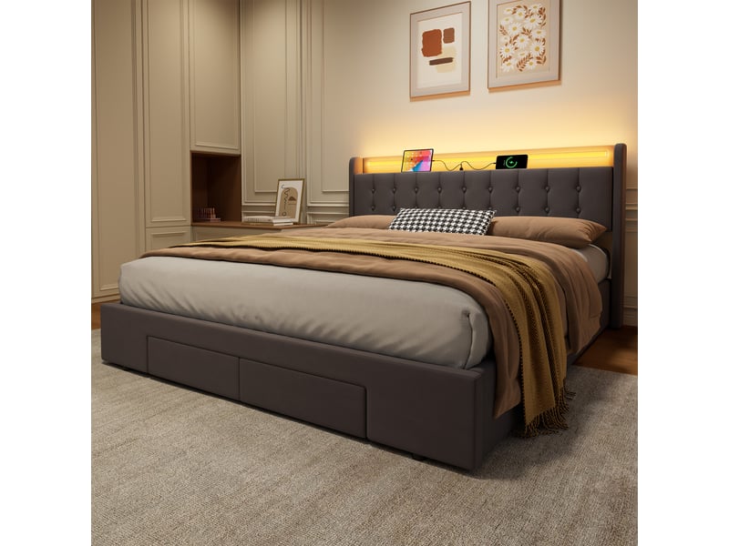  Lit coffre 2 places 180x200 cm avec led et tiroirs, coloris gris  - Conforama D