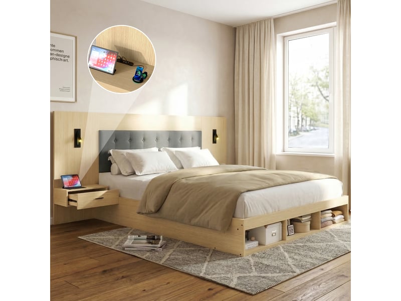  Lit double 180 x 200 cm, lit coffre, lit en bois, lit enfant, avec station de charge usb et type-c et lampe de lecture, avec 2 tables de chevet, coloris chêne clair  - Conforama B